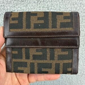 Fendi Wallet Zucca Monogram Trifold Womens OS Brown Leather Canvas AS-IS